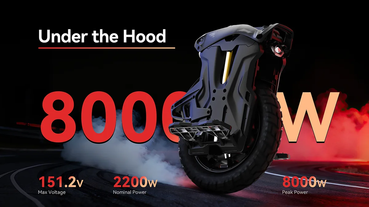 NOSFET AEON electric unicycle with 151.2 V, 2200 W nominal and 8000 W peak power