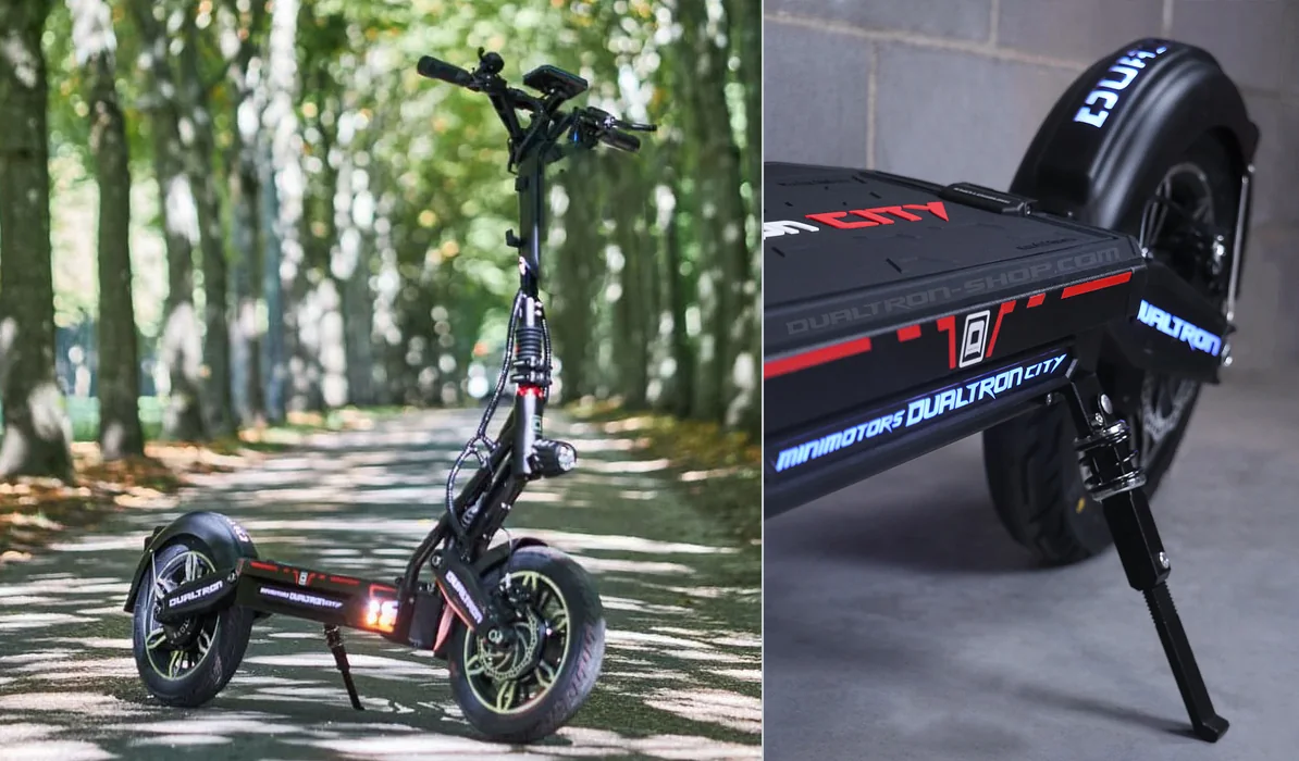 Dualtron City photographed outdoors and rear wheel detail, with original proportions
