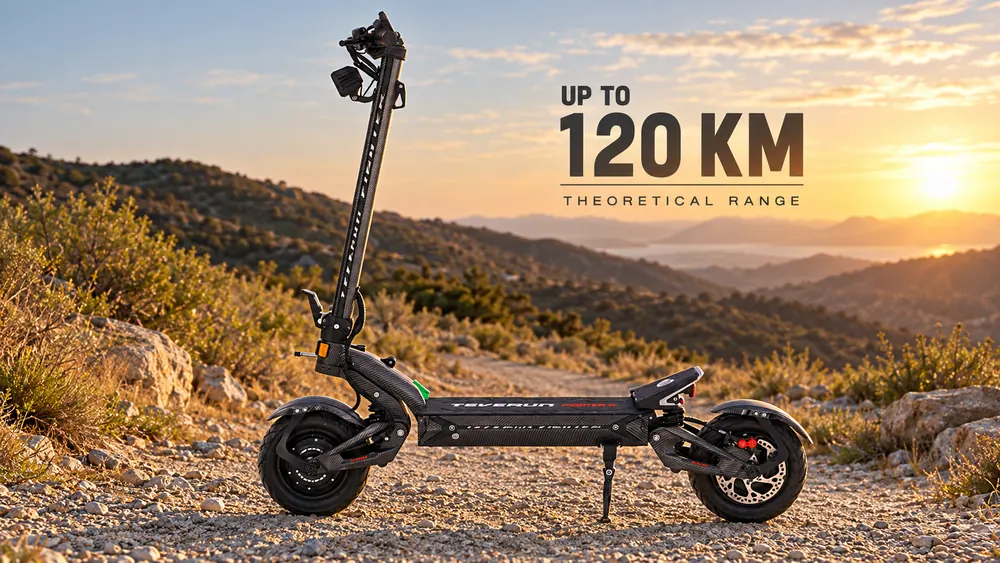 Teverun Fighter 11+ 2026 on a gravel trail, up to 120 km theoretical range