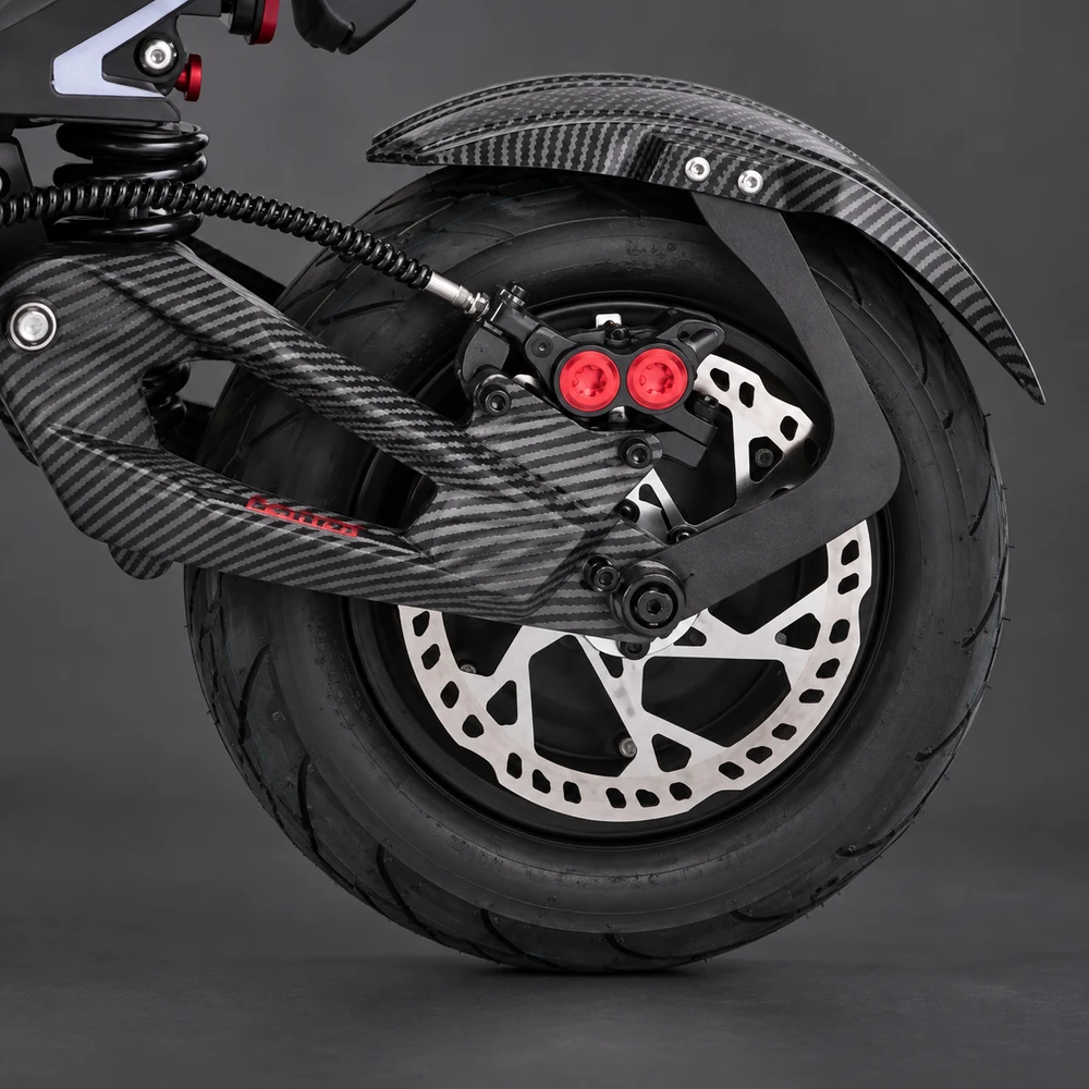 Teverun Fighter 11+ hydraulic brake caliper and disc close-up