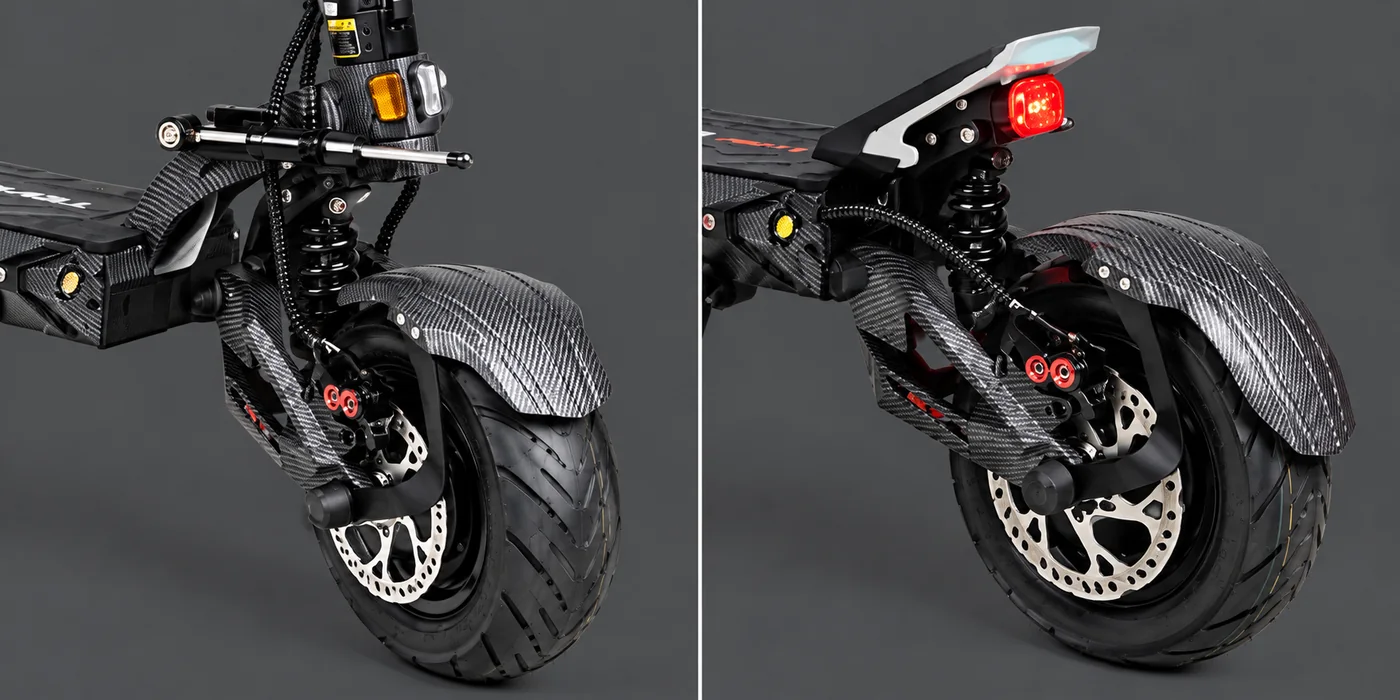 TEVERUN FIGHTER 11+ 2026 front and rear suspension and tyre close-ups
