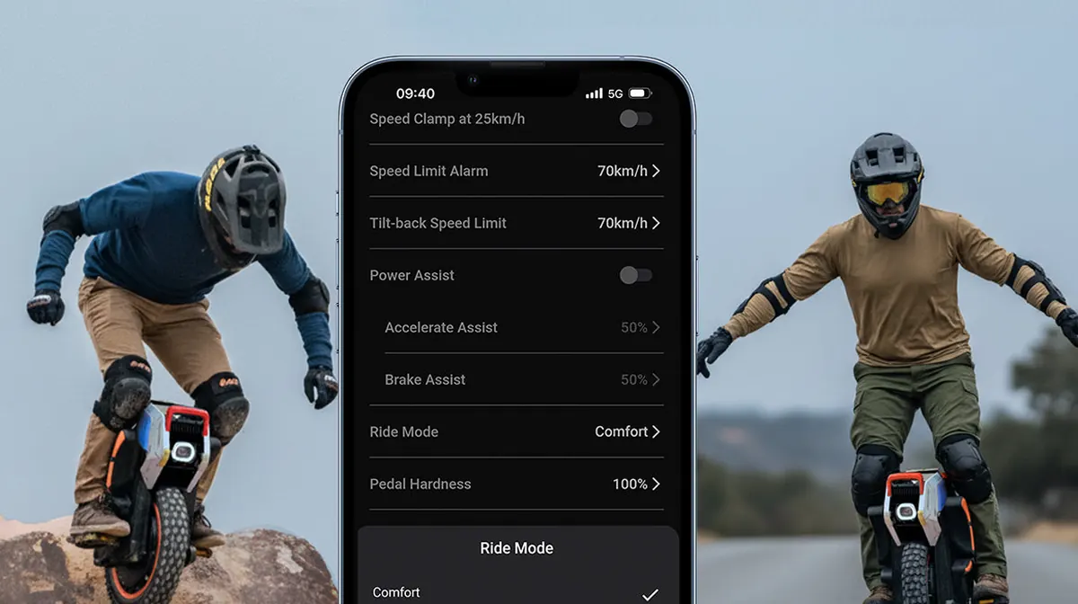 INMOTION V14 Pro Sport and Comfort riding modes in the mobile app