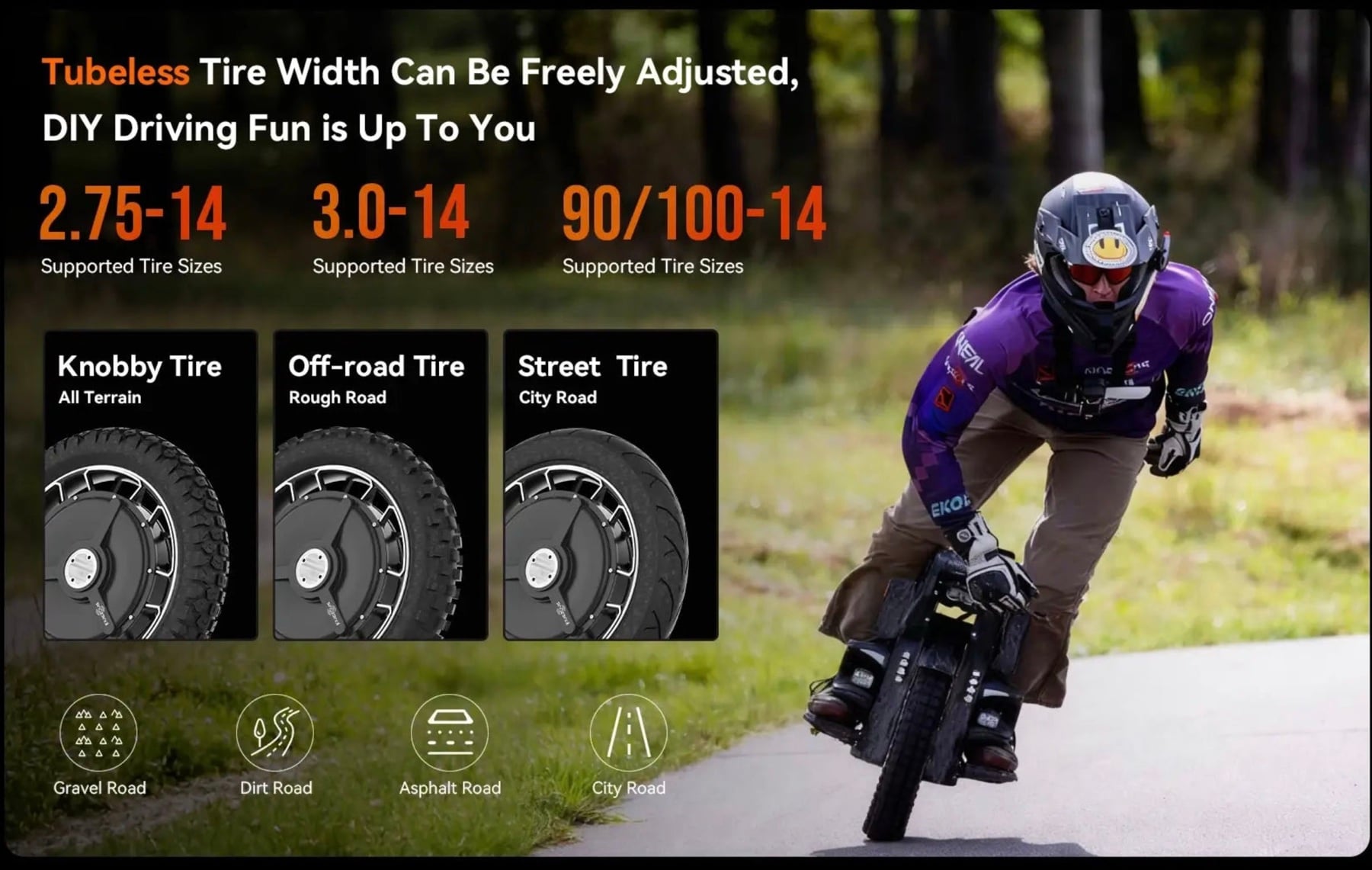 KINGSONG F18 interchangeable tubeless tyres for city, gravel and off-road