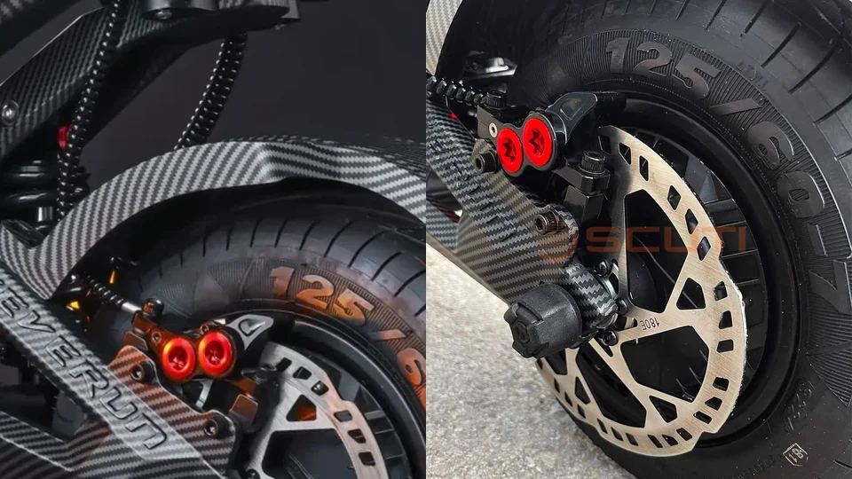 TEVERUN FIGHTER SUPREME 7260R hydraulic brake caliper and disc in two complementary close-ups